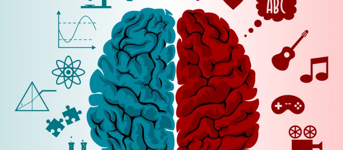 Brain infographics in two hemispheres with different thoughts